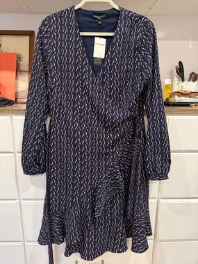 Banana Republic Navy Long Sleeve Wrap Dress with Pink Dash Print